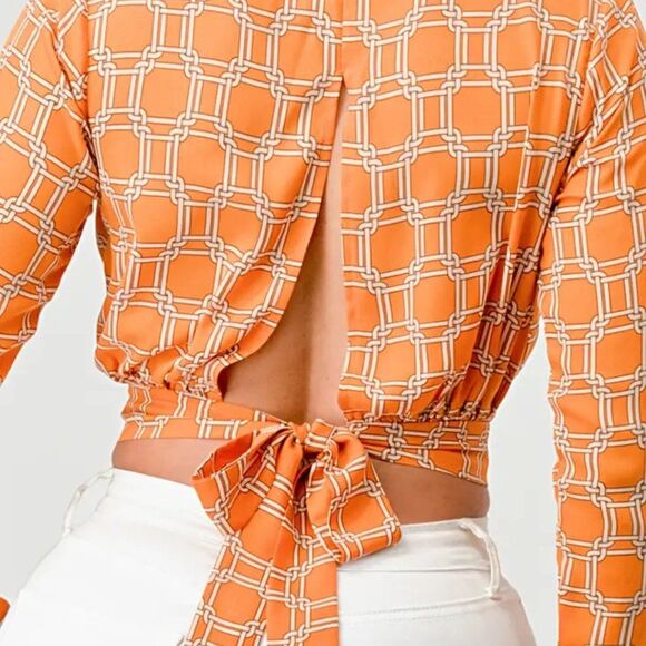 Luxe Wooldobby Print Collard Waist Back Tie Top - Picture 4 of 4